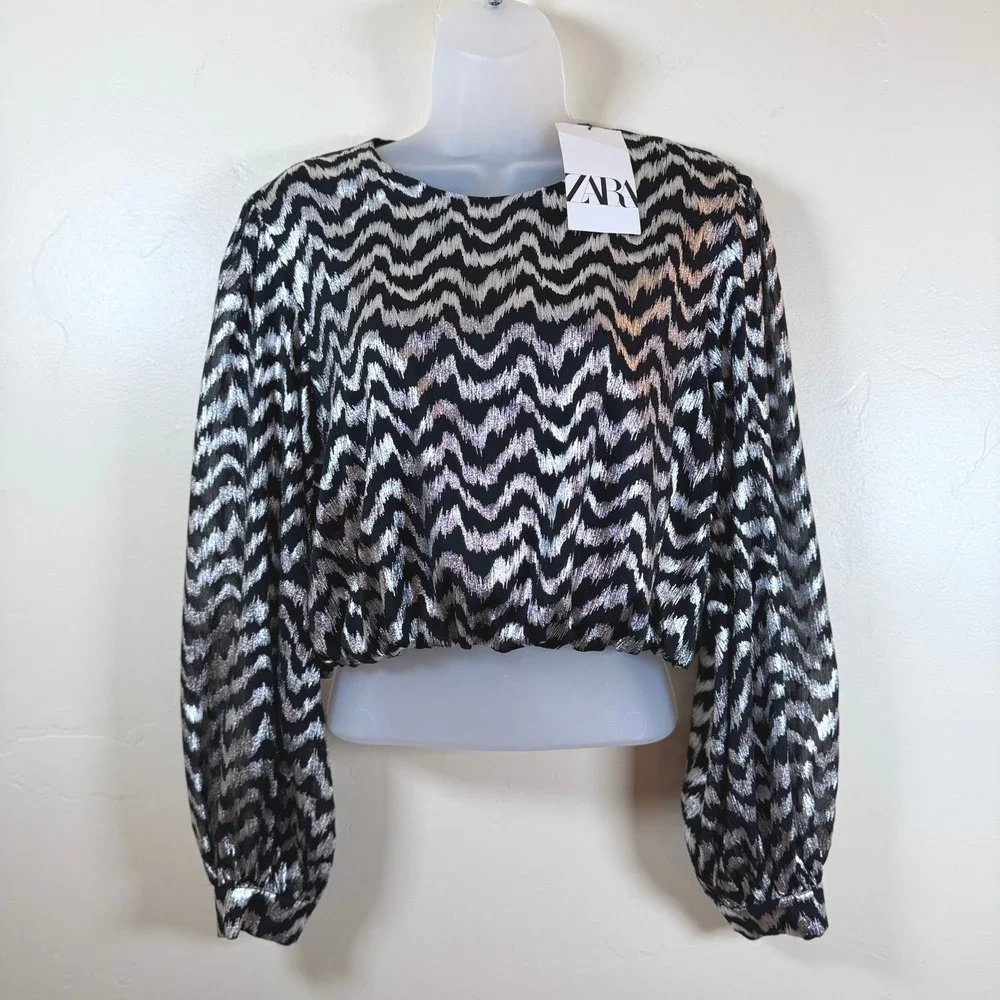 Zara Metallic Chevron Crop Top Women Small Black Silver Sparkle Party Whimsigoth